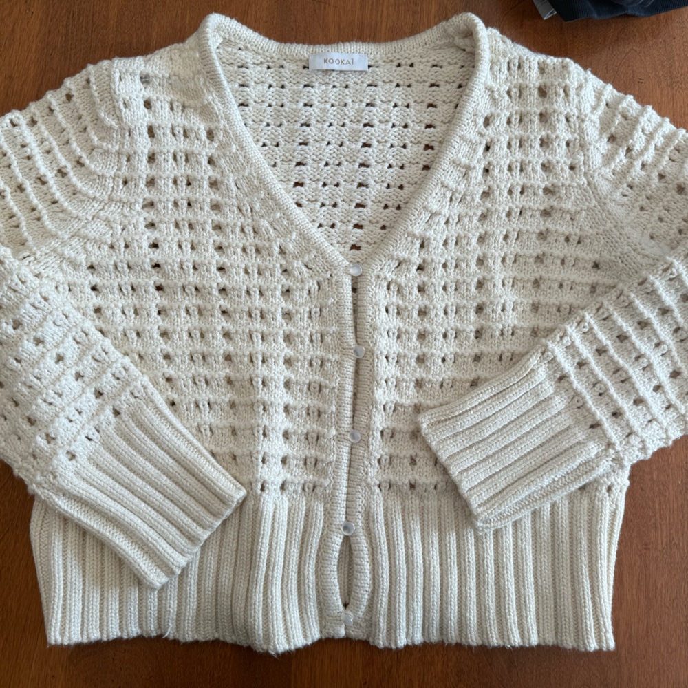 Kookai Cropped Open-Knit Cardigan Sweater Cream Off White size 2